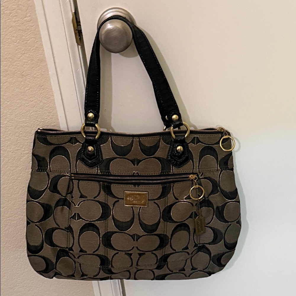 Coach Black and Tan Signature Shoulder Bag